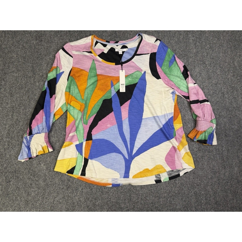 Women's Chicos Pottery Smocked T Long Sleeve Colorful Shirt Size 3 / XL New